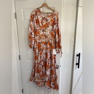 Bohme Vibrant Floral Long Sleeve Dress - Orange and Cream